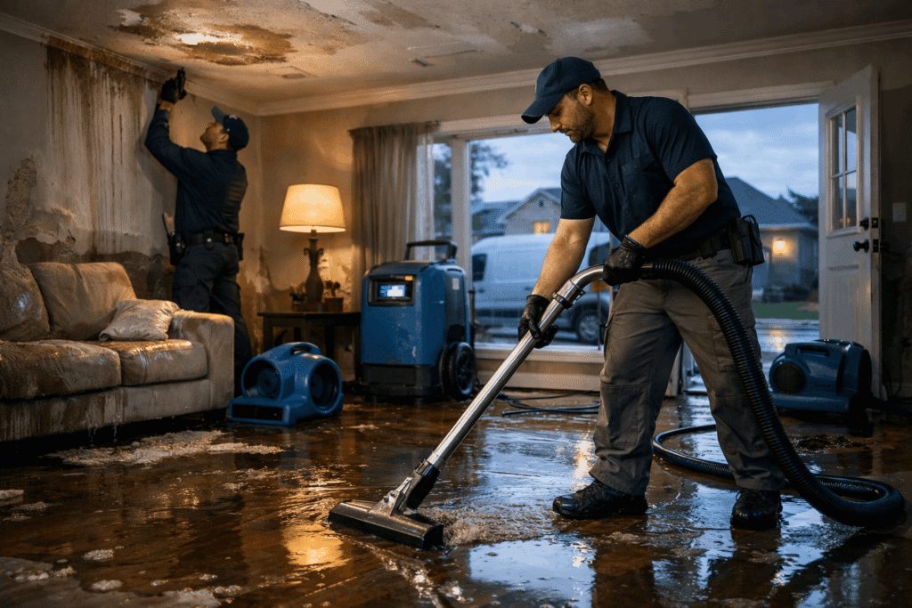 Water extraction crew working in a flooded interior space